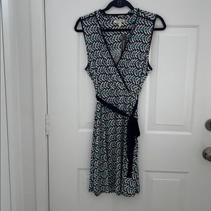 Light Aqua, Navy & White Geometric Pattern Dress